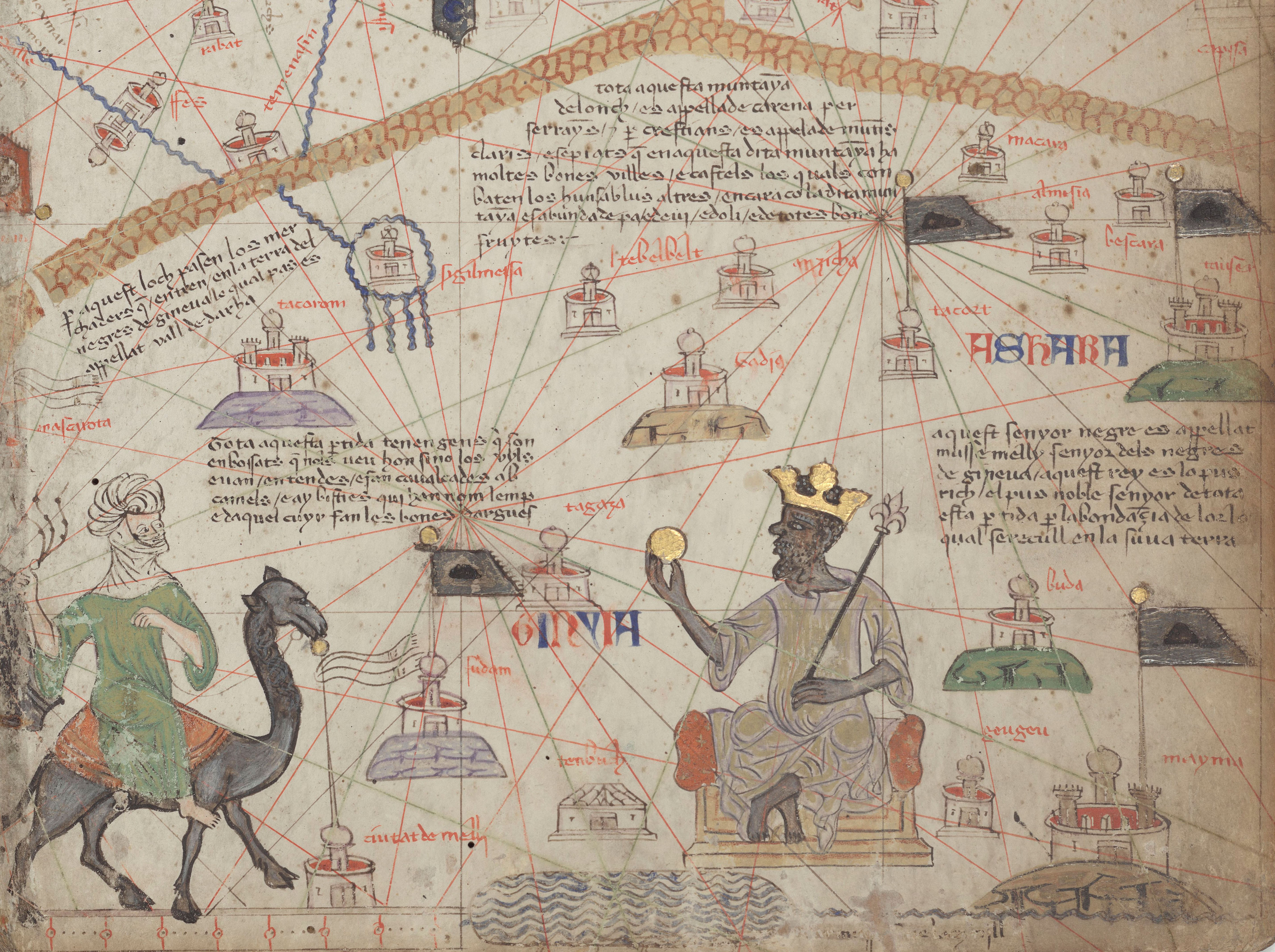 The Catalan Atlas showing Mansa Musa seated with a gold ball and sceptre