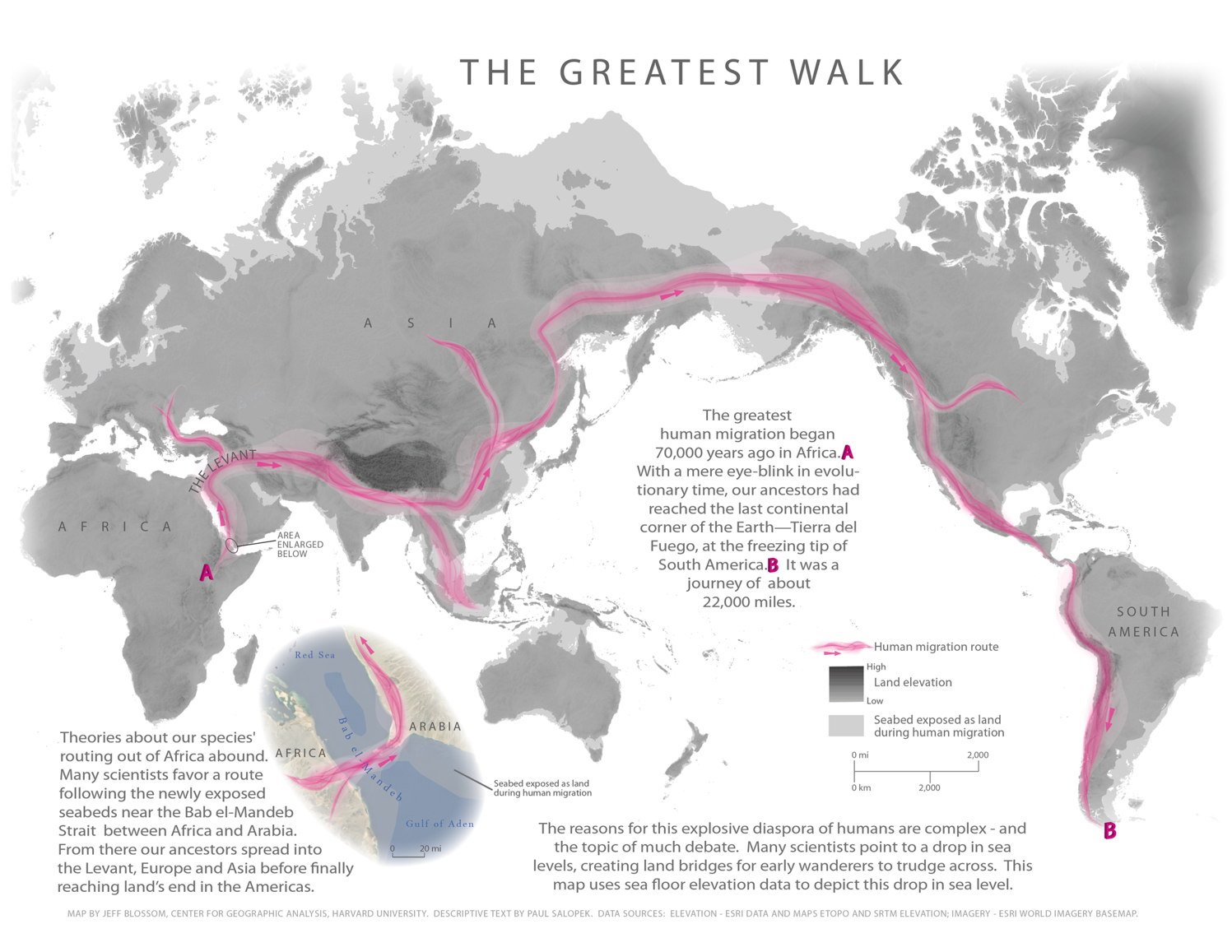 Arrrows on map show migration from Africa through Eurasia and into the Americas