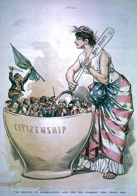 The Mortar of Assimilation and the One Element that Won’t Mix  Cartoon from PUCK June 26, 1889.