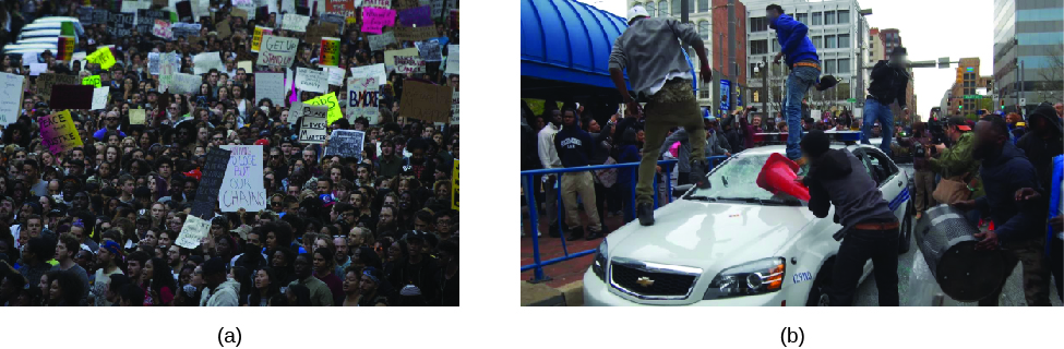 图片 A 是人群中的一大群。 有些人举着牌子。 图片 B 是一群人。 在前景中，三个人站在一辆车上。 第四个人拿着交通锥靠在汽车的挡风玻璃上。 背景是道路上的一群人。
