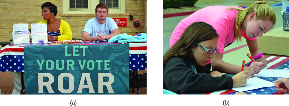 L'image A représente deux personnes assises derrière une table. Une pancarte en tissu accrochée devant la table indique « Let your vote roar ». L'image B montre deux personnes remplissant des formulaires.