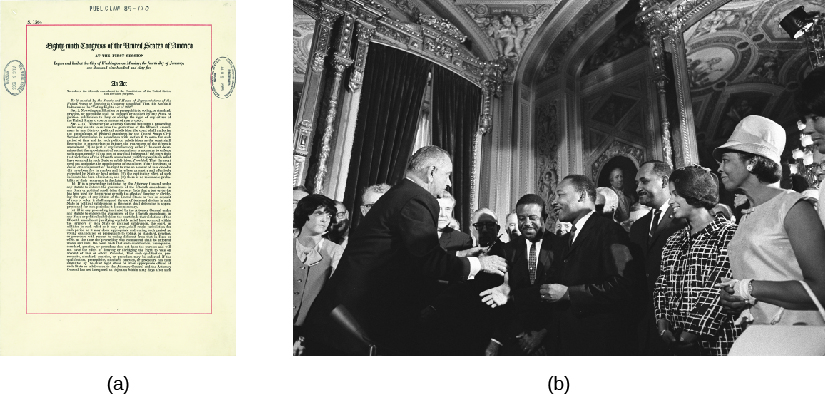 A imagem A é um documento oficial. O texto está ilegível. A imagem B é de um grupo de pessoas, incluindo Lyndon B. John, Martin Luther King Jr. e Rosa Parks.