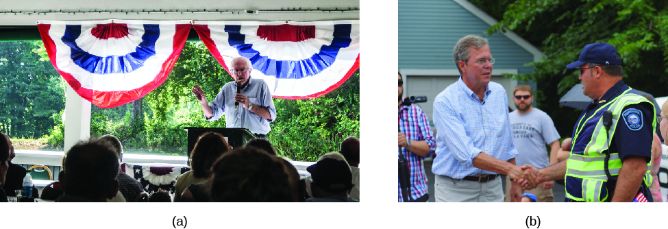 L'image A représente Bernie Sanders s'adressant à un groupe de personnes assises. L'image B représente John Ellis « Jeb » Bush serrant la main d'une autre personne.