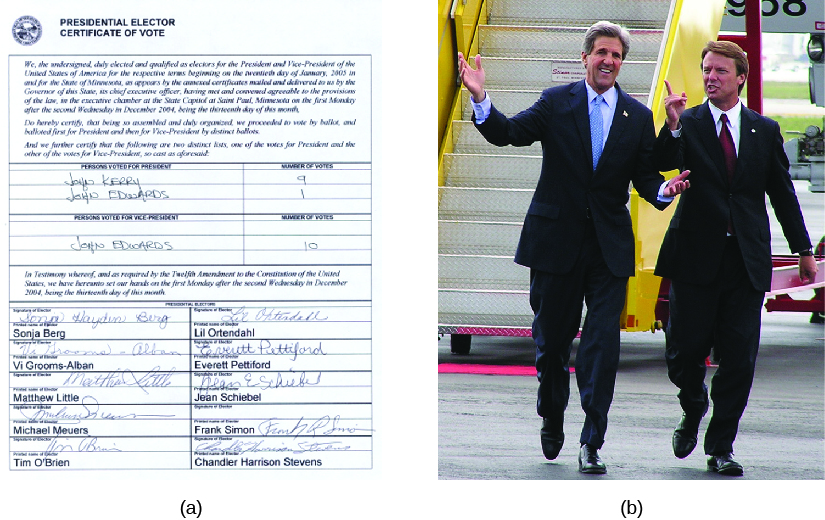 الصورة A هي عبارة عن نموذج شهادة تصويت للناخب الرئاسي، يُظهر التصويت لجون كيري للرئاسة. الصورة B هي لجون كيري وجون إدواردز.