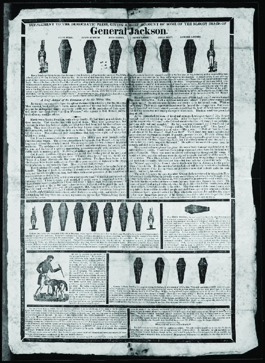 Imagem de um folheto da eleição presidencial de 1828. No topo está escrito “General Jackson”, abaixo do qual estão vários caixões.