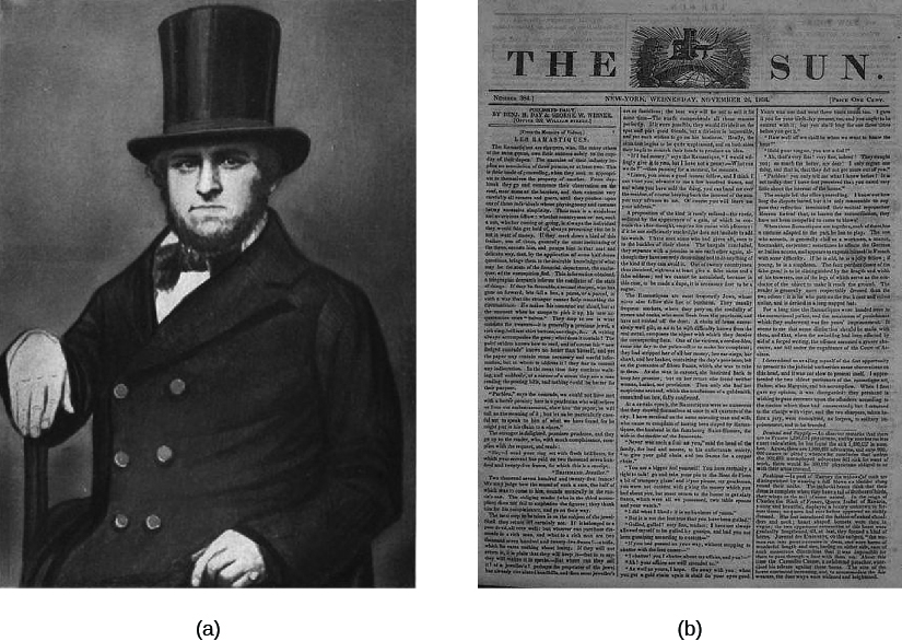 L'image A représente Benjamin Day assis. L'image B est celle d'un journal intitulé « The Sun ».