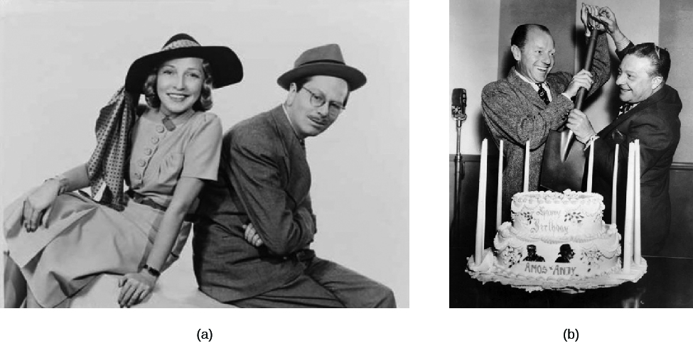 A imagem A é de Goodman e Jane Ace. A imagem B é de Freeman Gosden e Charles Correll cortando um bolo com uma pá.