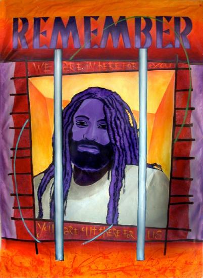An artistic image of Mumia Abu-Jamal behind bars