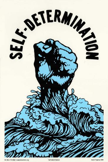 A fist of waves emerges in a rocky sea, with the word, “Self-Determination”