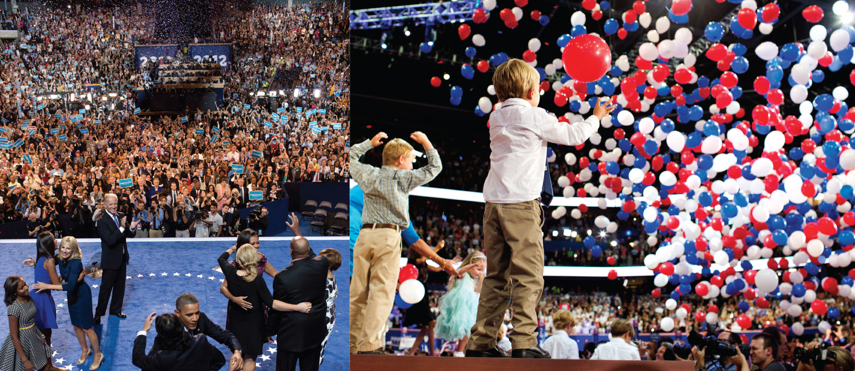 L'image de gauche représente Obama et sa famille devant une foule nombreuse. L'image de gauche représente plusieurs enfants sur une scène devant une foule nombreuse. Un grand nombre de ballons tombent d'en haut.