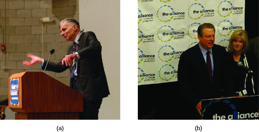 A imagem A é de Ralph Nader em pé atrás de um pódio. A imagem B é de Al Gore em pé atrás de um pódio.