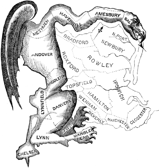 Um desenho animado que retrata o gerrymandering. O esboço de vários distritos eleitorais é mostrado. A fronteira dos distritos é usada como espinha dorsal de uma grande criatura fantástica.