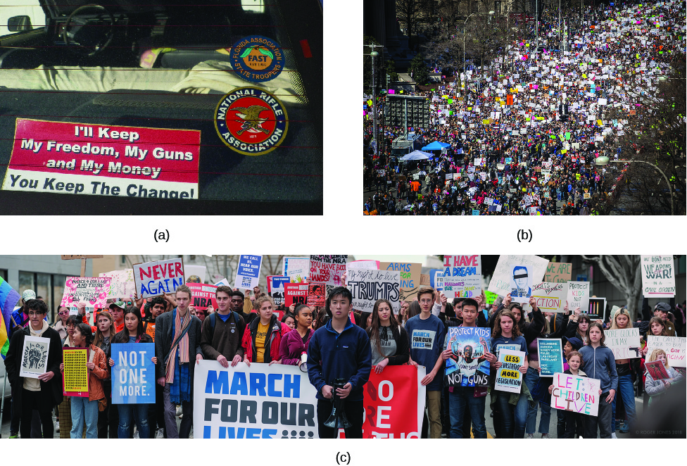 Image A is of the back window of a vehicle. A sign visible through the back window reads “I’ll keep my freedom, my guns, and my money, you keep the change!” Image B is an aerial view of a street filled with a large and dense crowd of people carrying signs. Image C is if a group of young people marching with signs related to “March for Our Lives.”