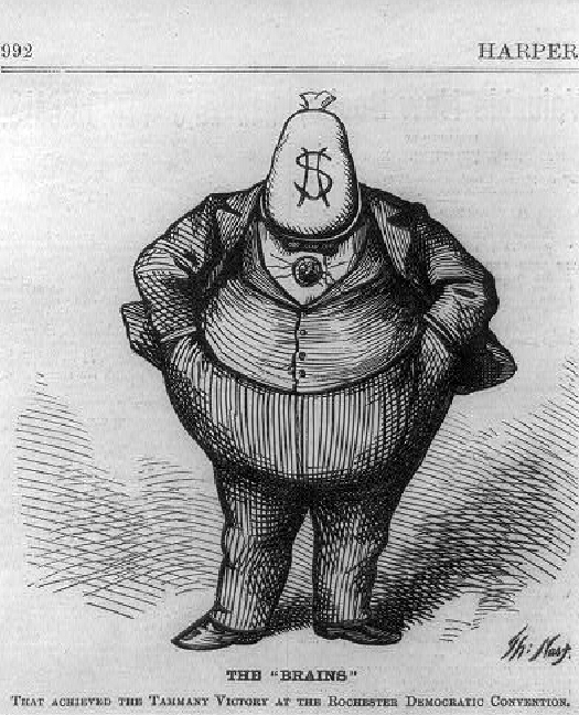 Imagem de uma figura corpulenta de desenho animado vestindo um terno, mãos nos bolsos, com uma sacola de dinheiro em vez de uma cabeça. O texto abaixo da figura diz “Os “Cérebros”””.