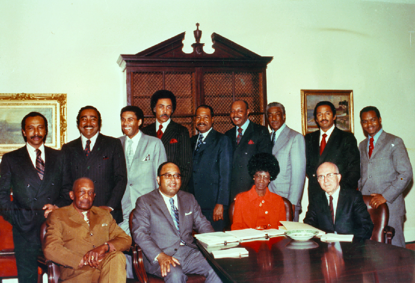 一群人的照片，其中四人坐在一张桌子旁，九个人站着。
