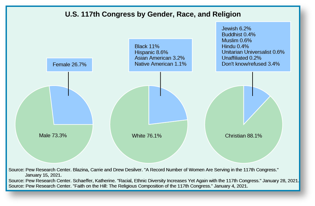 A series of three pie charts titled “U.S. 114th Congress by Gender, Race, and Religion”. The leftmost pie chart shows two slices, one labeled “Male 80.5%” and one labeled “Female 19.5””. The middle pie chart shows two slices, one labeled “White 82.4%” and one labeled “Black 8.6%, Hispanic 6.9%, and “Asian 2.1%”. The rightmost pie chart shows two slices, one labeled “Christian 91.8%” and one labeled “Jewish 5.2%, Buddhist 0.4%, Muslin 0.4%, Hindu 0.2%, Unitarian Universalist 0.2%, Unaffiliated 0.2%, Don’t know/refused 1.7%”. At the bottom of the charts, a source is listed: “Bump, Phillip. “The New Congress is 80 Percent White, 80 Percent Male, and 92 Percent Christian.” The Washington Post.”.