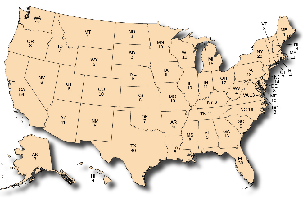 Une carte des États-Unis indiquant le nombre de votes du collège électoral accordés à chaque État. Par ordre alphabétique, Alabama en a 9, Alaska en a 3, Arizona en a 11, Arkansas en a 6, Californie en a 55, Colorado en a 9, Connecticut en a 7, Delaware en a 3, Washington DC en a 3, Floride en a 29, Géorgie en a 16, Hawaï en a 4, Idaho en a 4, Idaho en a 4, Illinois en a 20, Indiana en a 11, Iowa en a 6, Kansas en a 6, Kentucky en a 8, La Louisiane en a 8, le Maine en a 4, le Maryland en a 10, le Massachusetts en a 11, le Michigan en a 16, le Minnesota en a 10, le Mississippi en a 6, le Missouri en a 10, le Montana en a 3, le Nebraska en a 5, le Nevada en a 6, le New Hampshire en a 4, le New Jersey en a 14, le Nouveau-Mexique en a 5, New York en a 29, la Caroline du Nord en a 15, le Dakota du Nord en a 3, l'Ohio en a 18 , l'Oklahoma en a 7, l'Oregon en a 7, la Pennsylvanie 20, le Rhode Island en a 4, la Caroline du Sud en a 9, le Dakota du Sud en a 3, le Tennessee en a 11, le Texas en a 38, l'Utah en a 6, le Vermont en a 3, la Virginie en a 3, la Virginie en a 13, Washington en a 12, la Virginie occidentale en a 5, le Wisconsin en a 10 et le Wyoming en a 3