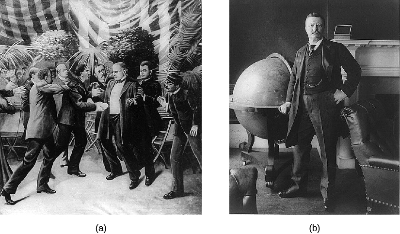 A imagem A é uma ilustração do assassinato de William McKinley. A imagem B é uma foto de Theodore Roosevelt.