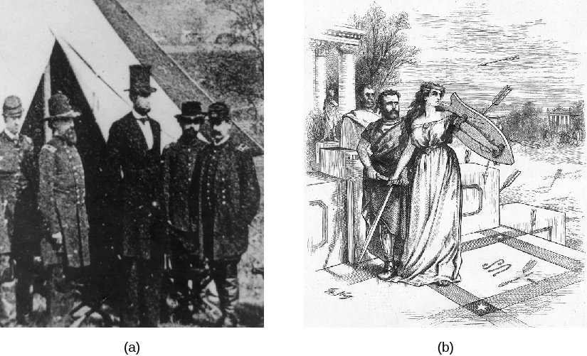 A imagem A é uma foto do encontro de Abraham Lincoln com soldados da União. A imagem B é um desenho animado de Ulysses S. Grant sendo protegido das flechas por “Lady Liberty”.