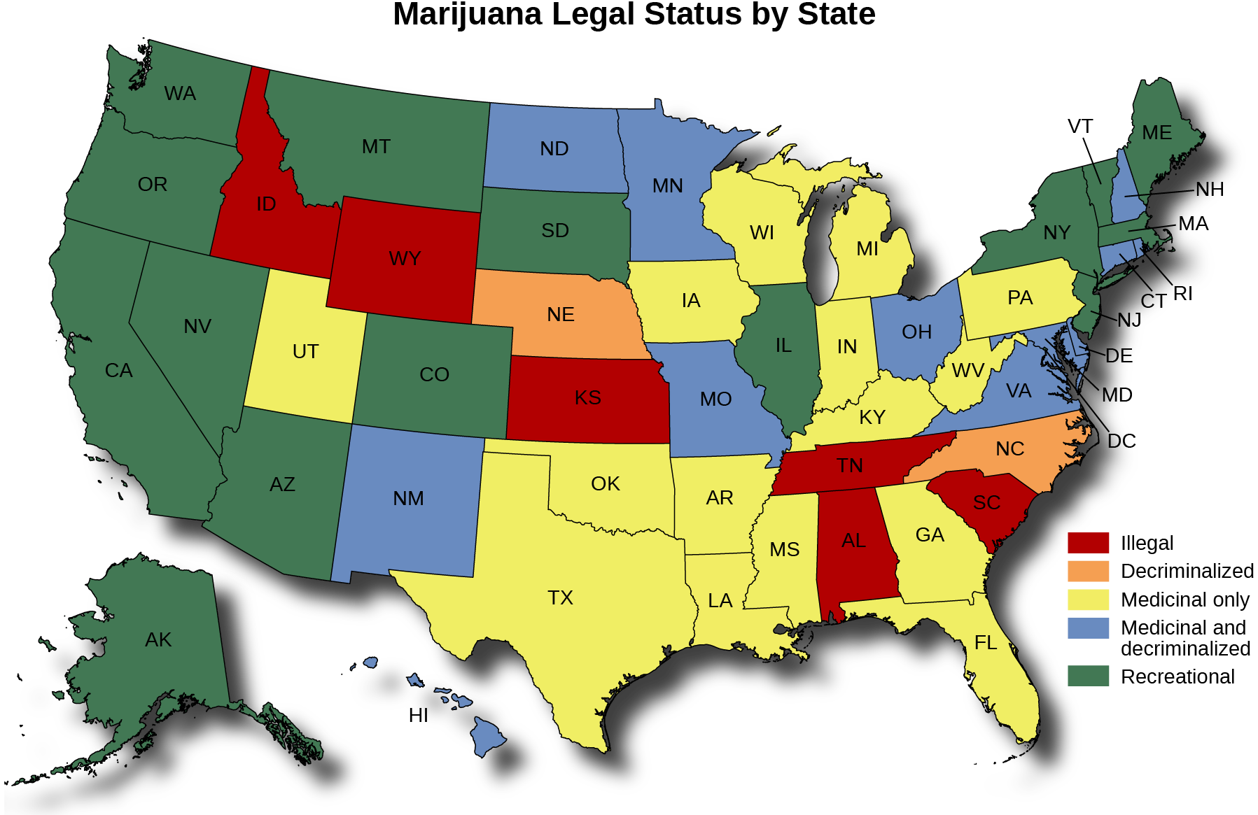 Une carte des États-Unis intitulée « Statut juridique de la marijuana par État ». La carte indique dans quels États la marijuana est illégale, décriminalisée, uniquement médicinale, médicinale et décriminalisée, et récréative. La marijuana est illégale dans l'Idaho, le Wyoming, le Dakota du Sud, le Kansas, le Texas, l'Iowa, le Wisconsin, l'Indiana, le Kentucky, le Tennessee, l'Alabama, la Géorgie, la Virginie et la Caroline du Sud. La marijuana est décriminalisée au Nebraska, au Mississippi et en Caroline du Nord. La marijuana n'est médicinale que dans le Montana, l'Utah, l'Arizona, le Nouveau-Mexique, le Dakota du Nord, l'Oklahoma, l'Arkansas, la Louisiane, la Floride, la Virginie occidentale, la Pennsylvanie et le New Jersey. La marijuana est médicinale et décriminalisée au Minnesota, au Missouri, en Illinois, en Ohio, à New York, au Delaware, au Maryland, dans le district de Columbia, au New Hampshire, au Connecticut et au Rhode Island. La marijuana est récréative à Washington, en Oregon, en Californie, au Nevada, en Alaska, au Colorado, au Michigan, au Vermont, au Maine et au Massachusetts.