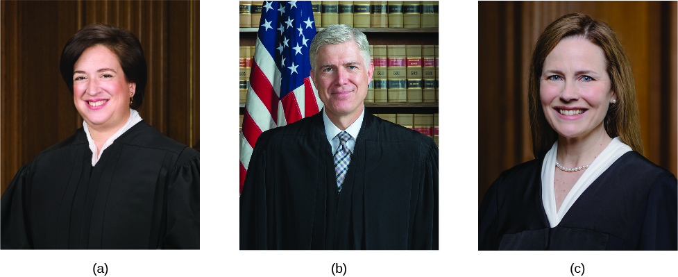 图片 A 是大法官 Elena Kagan 的照片。 图片 B 是尼尔·戈索奇大法官。 图片 C 是艾米·康尼·巴雷特法官。