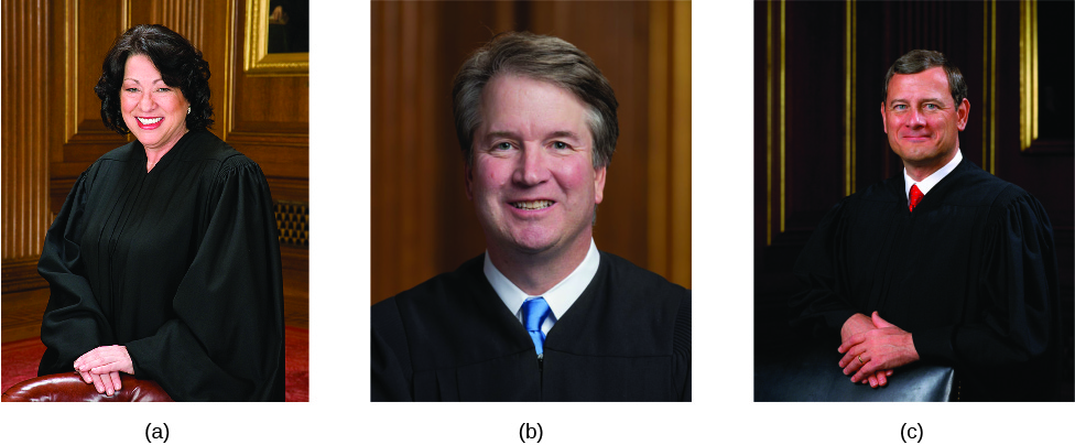 A imagem A é da juíza Sonia Sotomayor. A imagem B é do juiz Brett Kavanaugh. A imagem C é do juiz John Roberts.