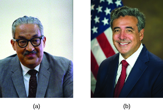 L'image A est celle du juge Thurgood Marshall. L'image B représente Noel Francisco.