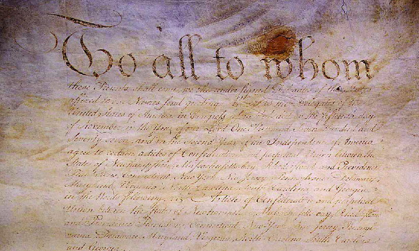 Uma imagem de uma versão original manuscrita dos Artigos da Confederação.