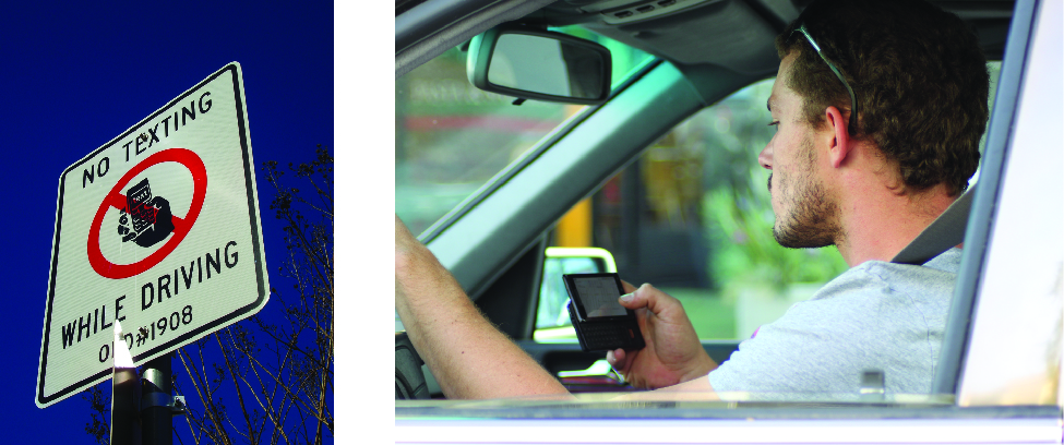 À esquerda está a imagem de uma placa que diz “Não envie mensagens de texto enquanto dirige”. À direita está a imagem de uma pessoa no banco do motorista de um veículo. A pessoa está segurando um telefone na mão e olhando para ele.