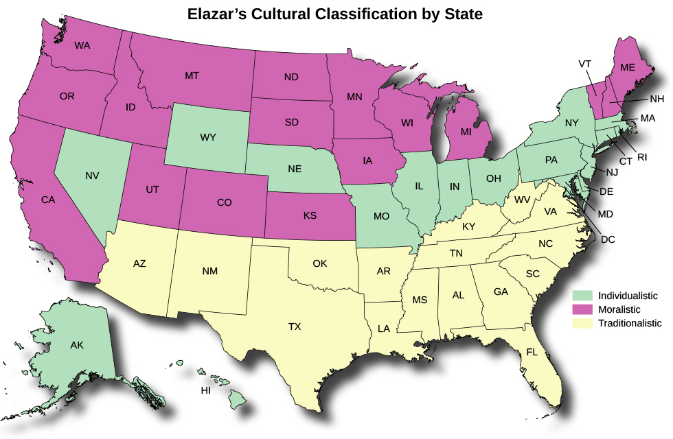 خريطة للولايات المتحدة بعنوان «تصنيف Elazar الثقافي حسب الولاية». الولايات التي تم تصنيفها على أنها «فردية» هي نيفادا، ووايومنغ، ونبراسكا، وميسوري، وإلينوي، وأوهايو، وبنسلفانيا، وميريلاند، وديلاوير، ونيوجيرسي، وكونيتيكت، ورود آيلاند، وماساتشوستس، ونيويورك، وألاسكا، وهاواي. الولايات التي تم تصنيفها على أنها «أخلاقية» هي كاليفورنيا وأوريغون وواشنطن وأيداهو ومونتانا ويوتا وكولورادو وكانساس وداكوتا الشمالية وداكوتا الجنوبية ومينيسوتا وأيوا وويسكونسن وميشيغان وفيرمونت ونيوهامبشير وماين. الولايات التي تم تصنيفها على أنها «تقليدية» هي أريزونا ونيو مكسيكو وتكساس وأوكلاهوما وأركنساس ولويزيانا وميسيسيبي وألاباما وجورجيا وفلوريدا وتينيسي وساوث كارولينا وكارولينا الشمالية وكنتاكي وفرجينيا ووست فرجينيا.