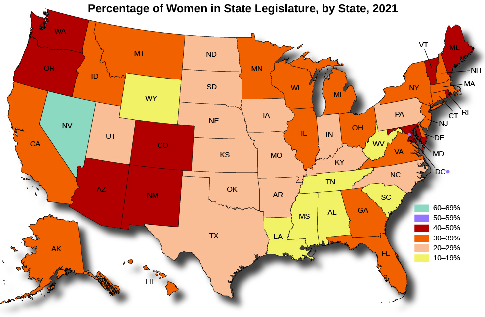 一张标题为 “2015 年州议会但州议会中女性所占百分比” 的美国地图。 科罗拉多州和佛蒙特州的比例为40-49％。 华盛顿、俄勒冈、内华达州、亚利桑那州、蒙大拿州、明尼苏达州、伊利诺伊州、马里兰州、哥伦比亚特区和新泽西州的比例为 30-39% 加利福尼亚州、爱达荷州、阿拉斯加州、夏威夷州、新墨西哥州、南达科他州、内布拉斯加州、堪萨斯州、爱荷华州、密苏里州、阿肯色州、威斯康星州、密歇根州、印第安纳州、俄亥俄州、乔治亚州、佛罗里达州、北卡罗来纳州、罗德岛州、马萨诸塞州、新罕布什尔州和缅因州的比例为20-29％。 犹他州、怀俄明州、北达科他州、俄克拉荷马州、德克萨斯州、路易斯安那州、密西西比州、阿拉巴马州、田纳西州、肯塔基州、南卡罗来纳州、弗吉尼亚州、西弗吉尼亚州和宾夕法尼亚州为