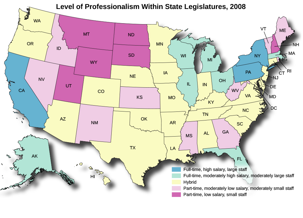 一张标题为 “2008年州议会内部的专业水平” 的美国地图。 加利福尼亚州、宾夕法尼亚州和纽约州被标记为 “全职、高工资、大量员工”。 阿拉斯加、佛罗里达州、威斯康星州、伊利诺伊州、密歇根州、俄亥俄州和马萨诸塞州被标记为 “全职、薪水适中、员工人数适中”。 华盛顿、俄勒冈州、亚利桑那州、科罗拉多州、内布拉斯加州、俄克拉荷马州、德克萨斯州、明尼苏达州、爱荷华州、密苏里州、阿肯色州、路易斯安那州、印第安纳州、肯塔基州、田纳西州、阿拉巴马州、南卡罗来纳州、北卡罗来纳州、华盛顿州、马里兰州、特拉华州、新泽西州、康涅狄格州和 爱达荷州、内华达州、新墨西哥州、堪萨斯州、密西西比州、乔治亚州、西弗吉尼亚州、罗德岛州、佛蒙特州和缅因州被标记为 “兼职、工资适中、员工人数适中”。 蒙大拿州、怀俄明州、犹他州、北达科他州、南达科他州和新罕布什尔州被标记为 “兼职、低工资、低员工”。