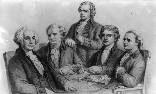 Une illustration de George Washington, Henry Knox, Alexander Hamilton, Thomas Jefferson et Edmund Randolph.