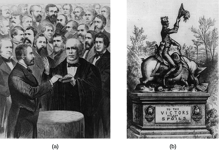 L'image A est une illustration de l'assermentation d'Ulysses S. Grant en tant que président des États-Unis. L'image B est un dessin animé représentant une statue d'Andrew Jackson chevauchant un cochon sur un lit de crânes. Sur le piédestal, on peut lire : « Le butin appartient aux vainqueurs ».