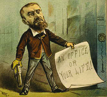 Une caricature de Charles J. Guiteau tenant un pistolet et une feuille de papier sur laquelle on peut lire « Un bureau ou ta vie ! »