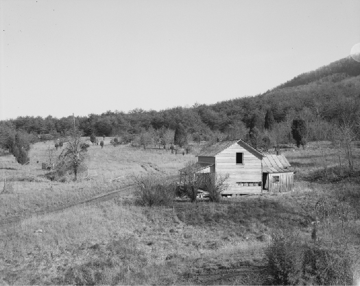 Uma imagem de uma pequena casa cercada por um campo e várias árvores.