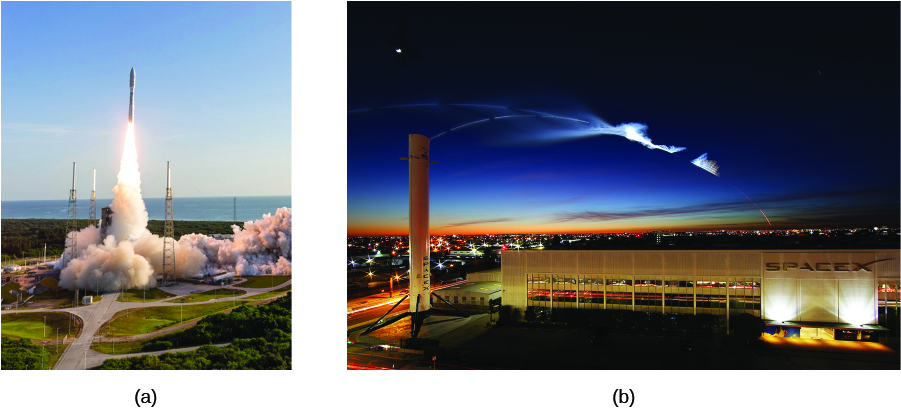 照片A显示了从地面发射的火箭。 照片B显示了黑暗天空中的一条白色条纹，下面是一座带有 “SpaceX” 字样的大型建筑。