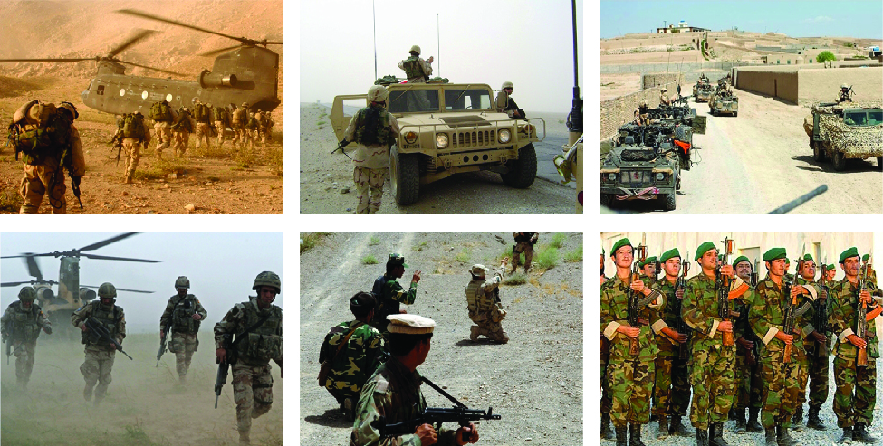 一系列六张图片，显示了阿富汗不同地点的作战部队。