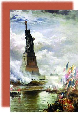 A painting depicts the unveiling of the Statue of Liberty, which is surrounded by many small boats flying American and French flags.