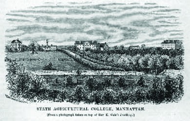 An engraving shows the grounds of Kansas State University. A label reads &ldquo;State Agricultural College, Manhattan.&rdquo;