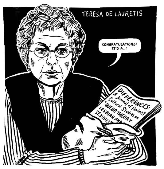 Black and white drawing of Teresa De Laurentis.