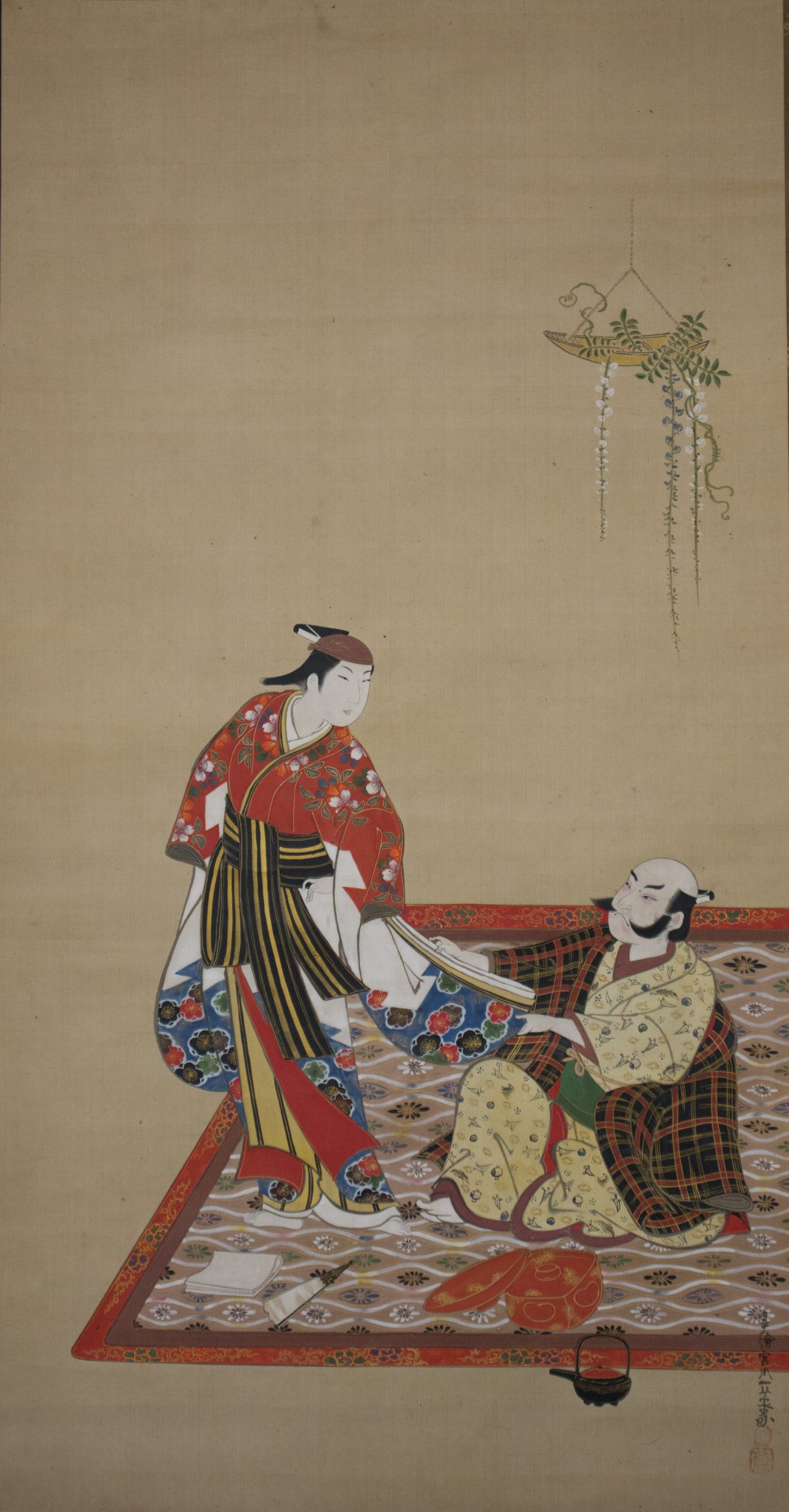A Japanese painting of two figures, one holding the robe of the other.