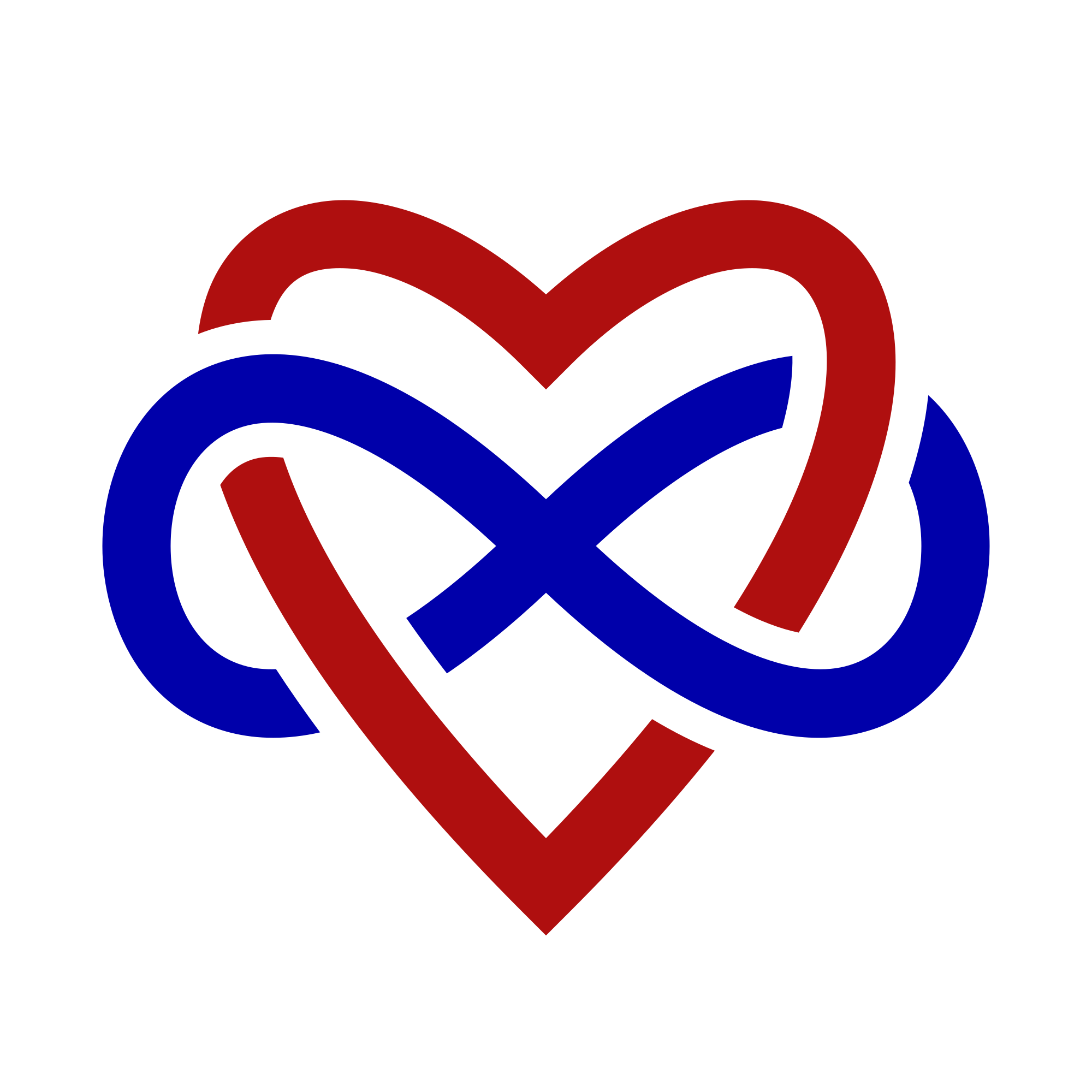 A read heart entwined with a blue infinity symbol.