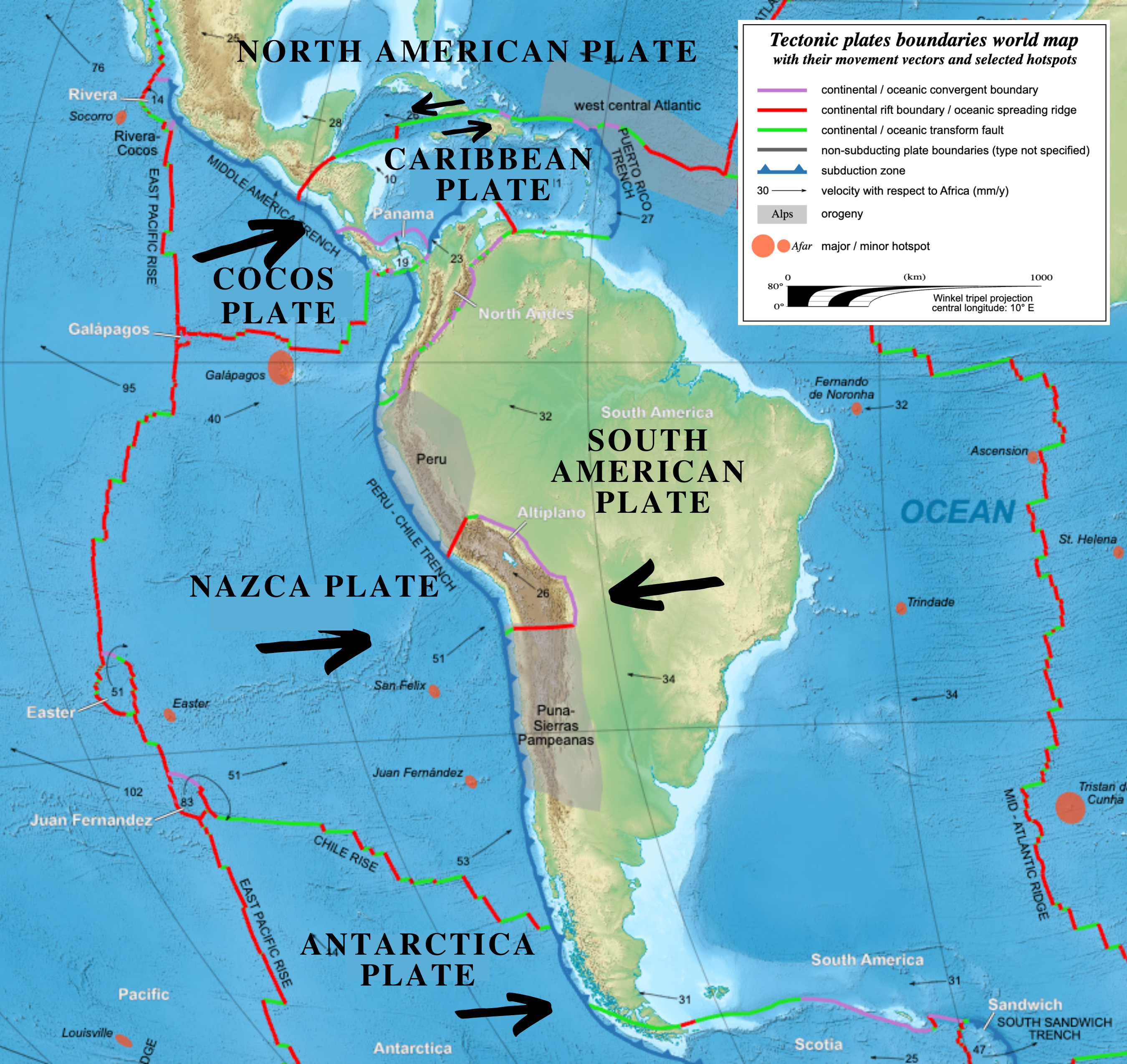 Tectonic plates in Central and South America with arrows showing directions of convergence