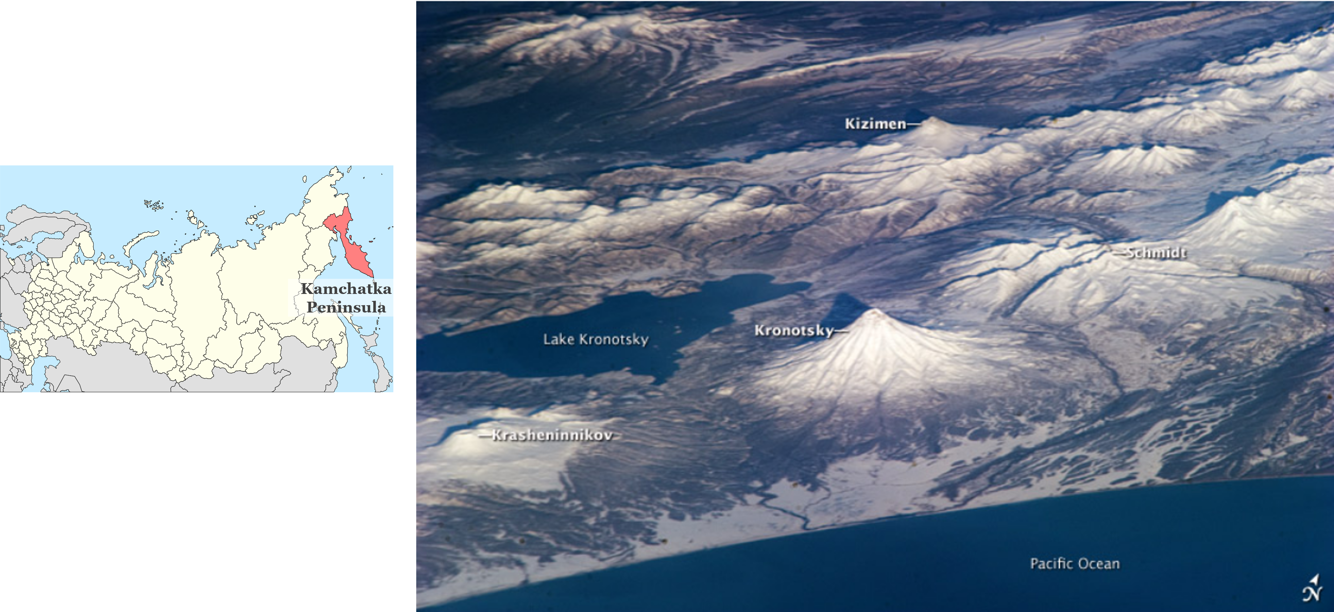 Russian Federation map with Kamchatka Peninsula in the east (left); Astronaut photograph with volcanoes labeled (right)
