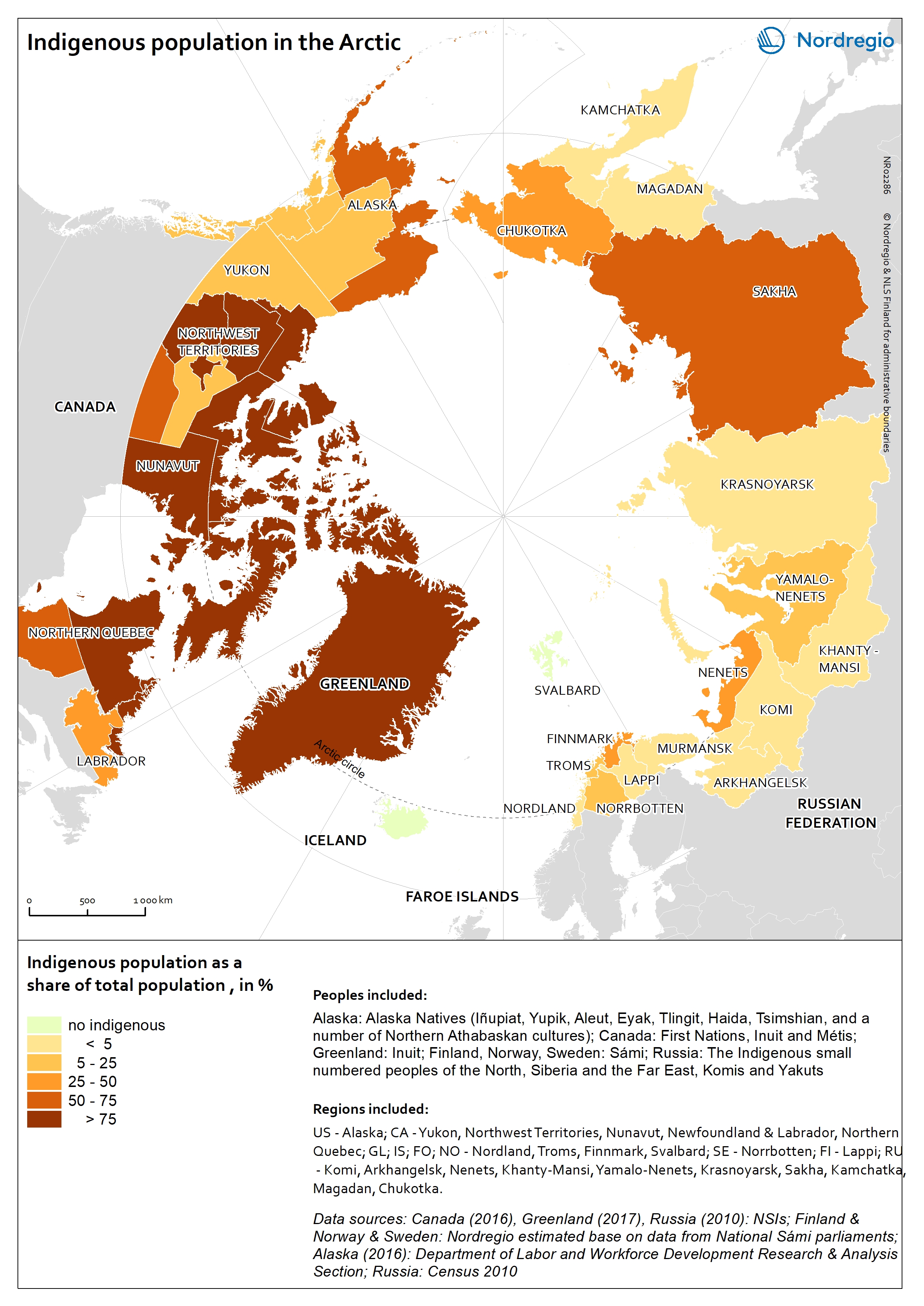 Indigenous populations mapped according to their share of the total population in countries in the Arctic region