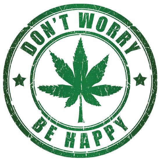 Stamp with a cannabis leaf in the middle stating don't worry be happy