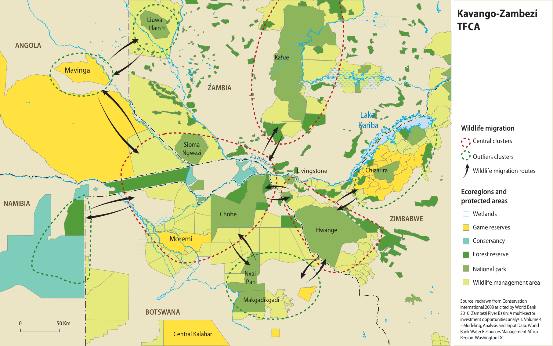 Wildlife migration routes and ecoregions/protected areas in the Kavango-Zambezi Transfrontier Conservation Area