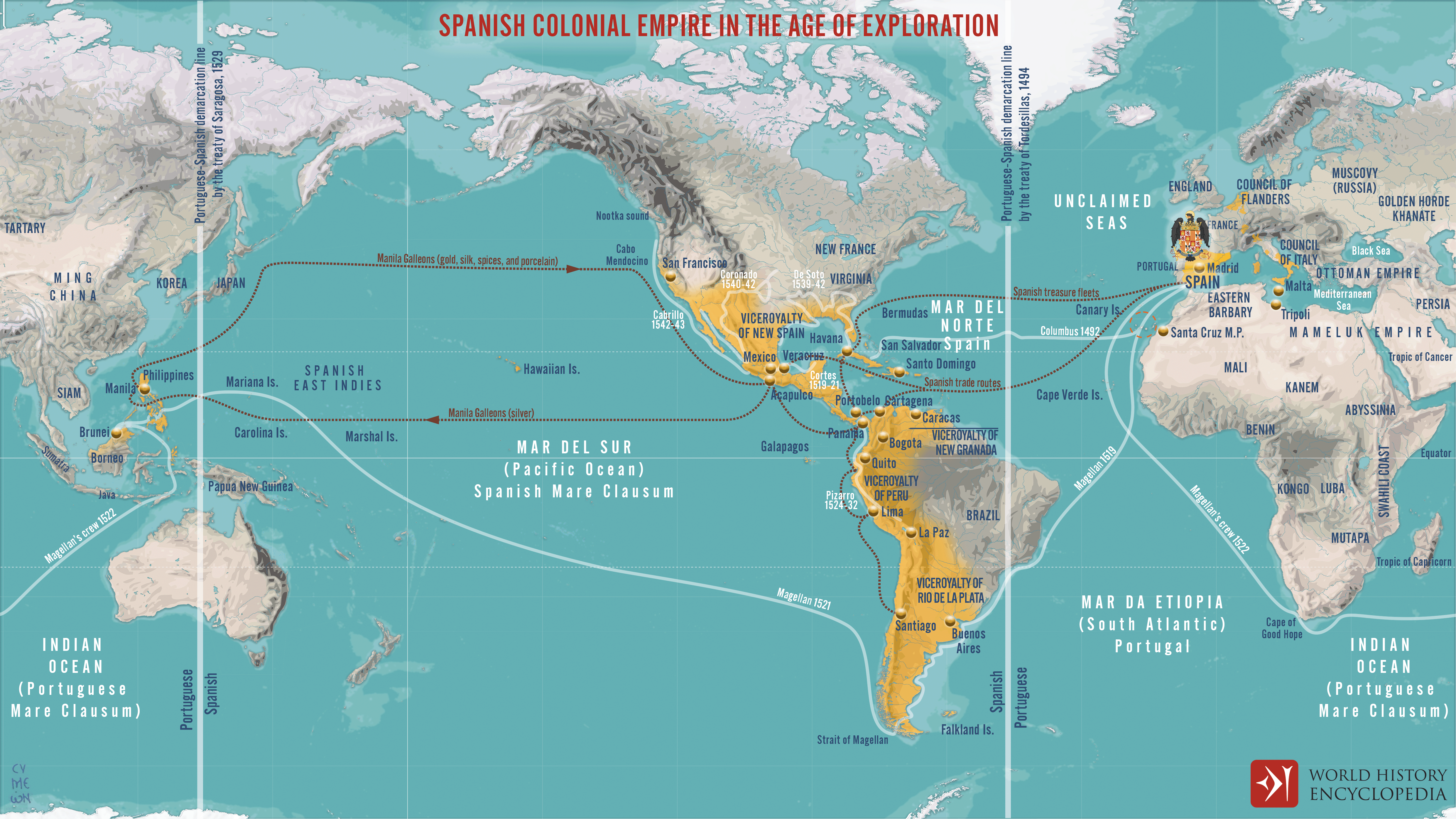 The Spanish empire extends across the Americas to the Philippines and Brunei