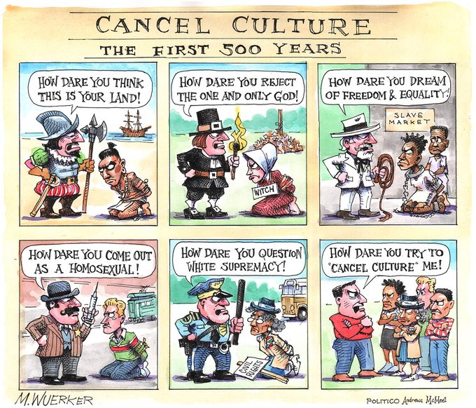 Comic strip that shows historical images depicting cancel culture scenarios throughout history